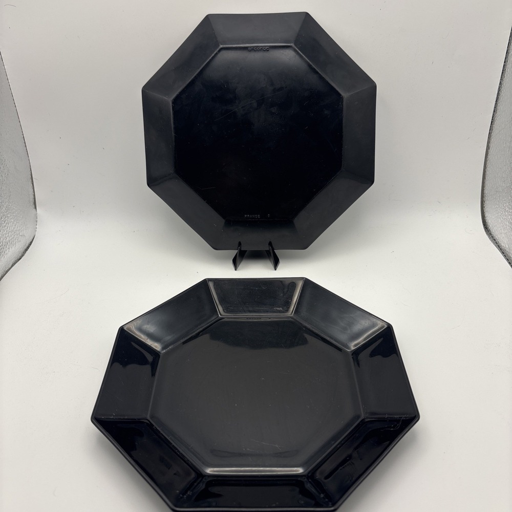 Arcoroc France Black Glass Octime Octagonal Salad/dessert Plates Set Of 2 1980's